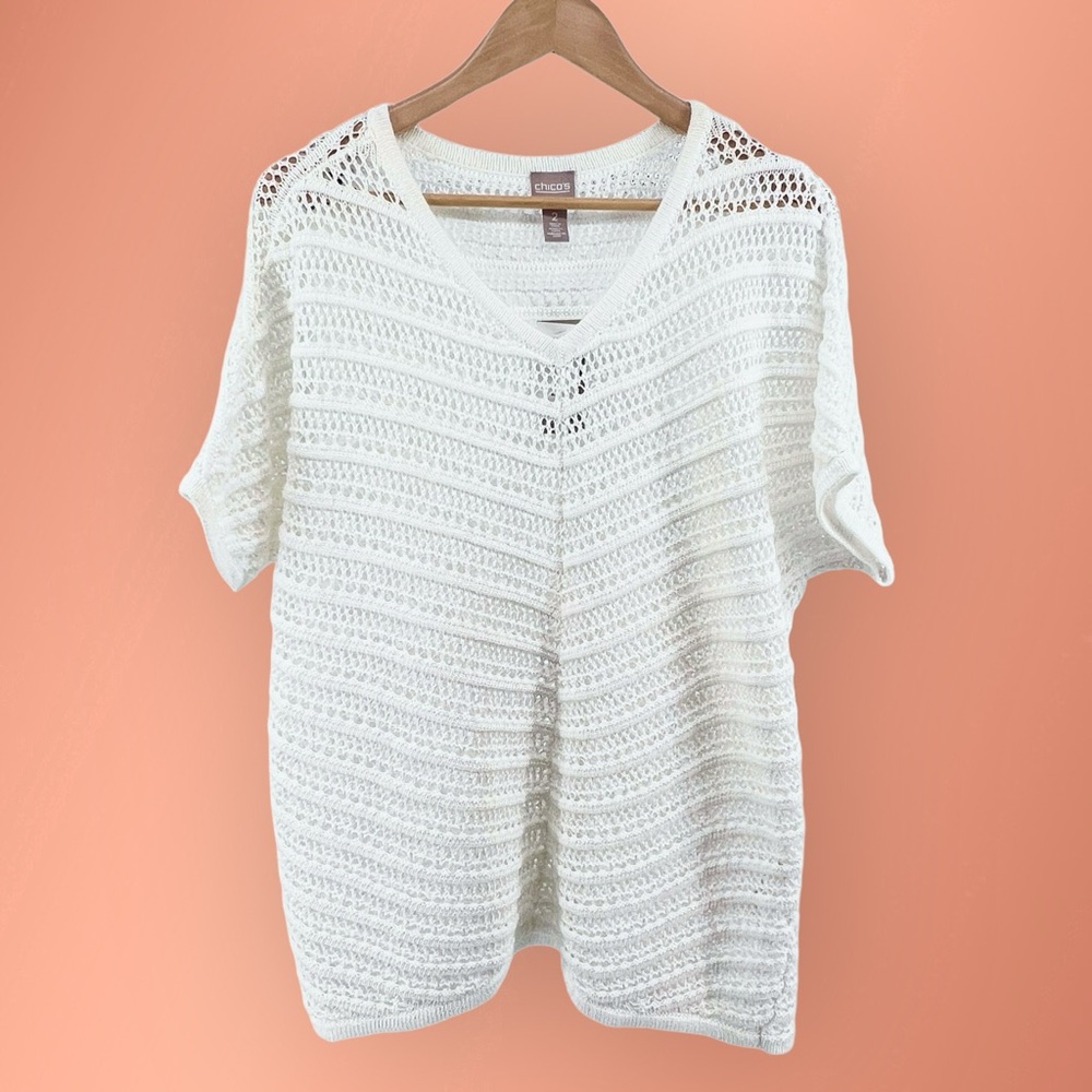 Chicos NWT Zyana Dolman Open Knit Sweater Sz L Short Sleeve Pullover White Beach